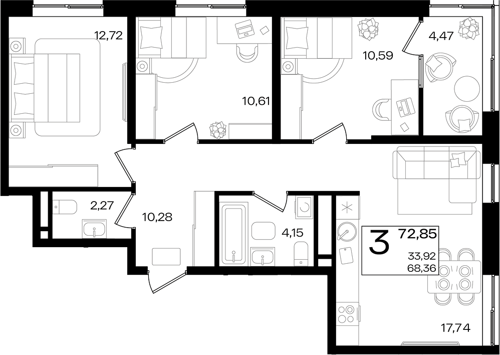 Планировка трёхкомнатная 72.85 м² в ЖК «Патрики», корпус 1.5