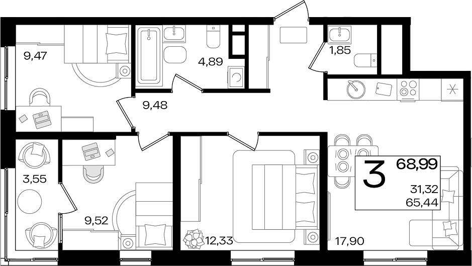 Планировка евро-4 (4Е) 69.33 м² в ЖК «Патрики», корпус 1.2