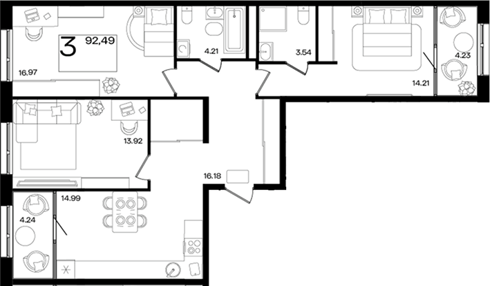 Планировка евро-4 (4Е) 92.27 м² в ЖК «Патрики», корпус 4.1