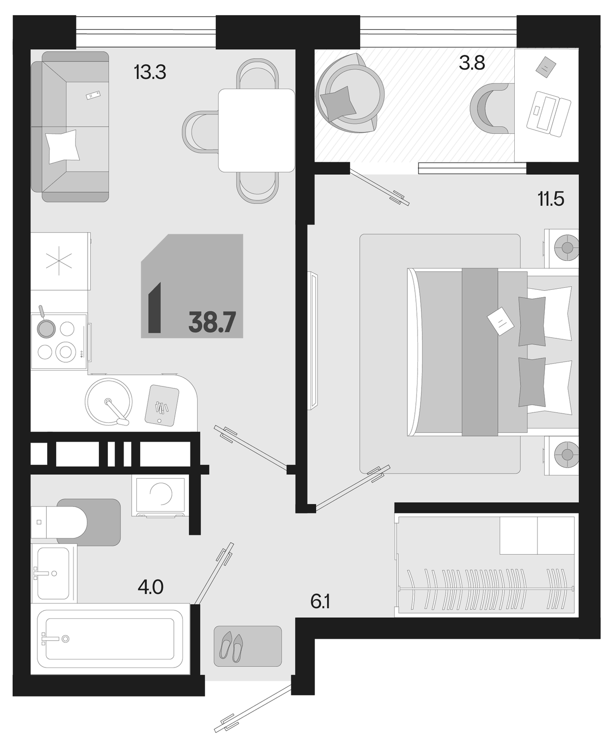 Планировка однокомнатная 38.7 м² в ЖК «Первое место», корпус 1.3. Л2