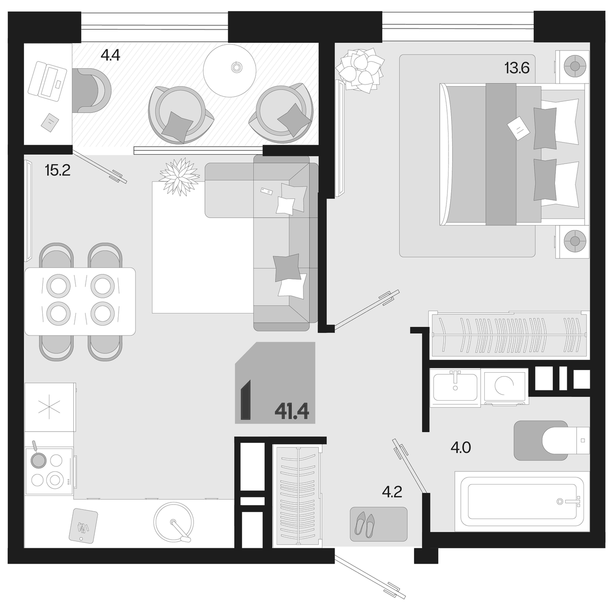 Планировка евродвушка (2Е) 41.4 м² в ЖК «Первое место», корпус 1.3. Л2