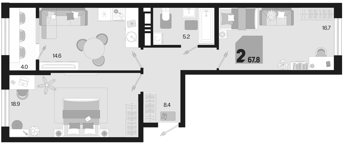 Планировка двухкомнатная 67.8 м² в ЖК «Первое место», корпус 1.3. Л2