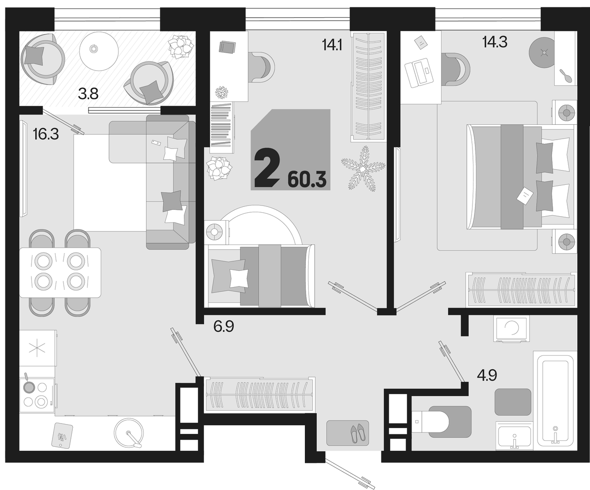 Планировка евротрёшка (3Е) 60.3 м² в ЖК «Первое место», корпус 1.3. Л2