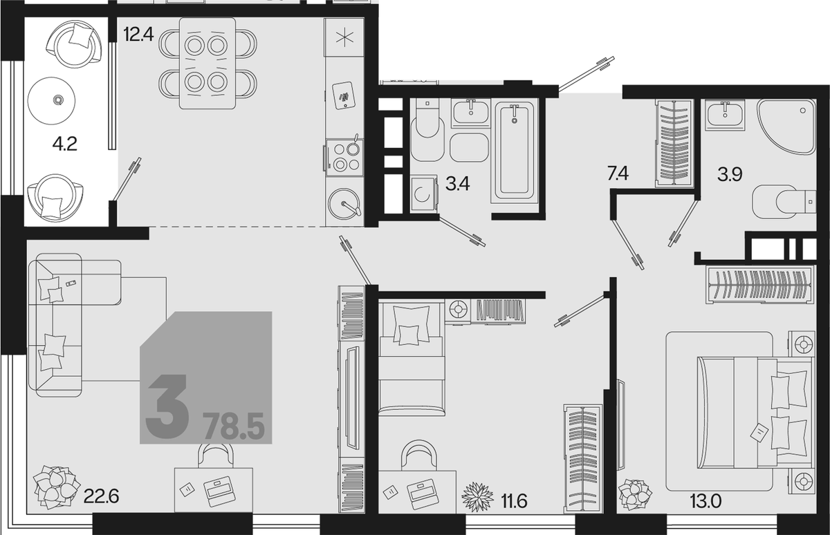 Планировка трёхкомнатная 78.5 м² в ЖК «Первое место», корпус 1.3. Л1