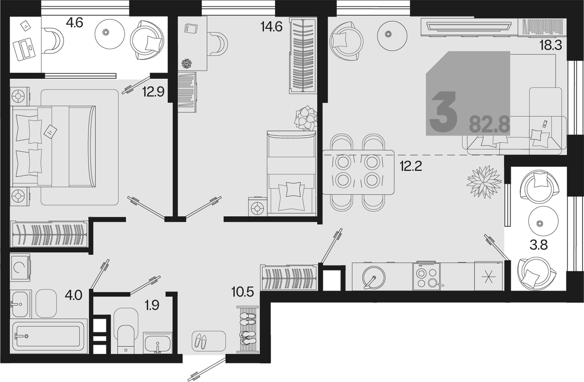 Планировка трёхкомнатная 82.8 м² в ЖК «Первое место», корпус 1.3. Л2
