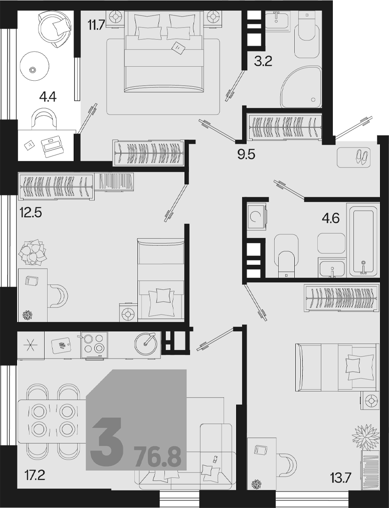 Планировка евро-4 (4Е) 76.8 м² в ЖК «Первое место», корпус 1.3. Л1