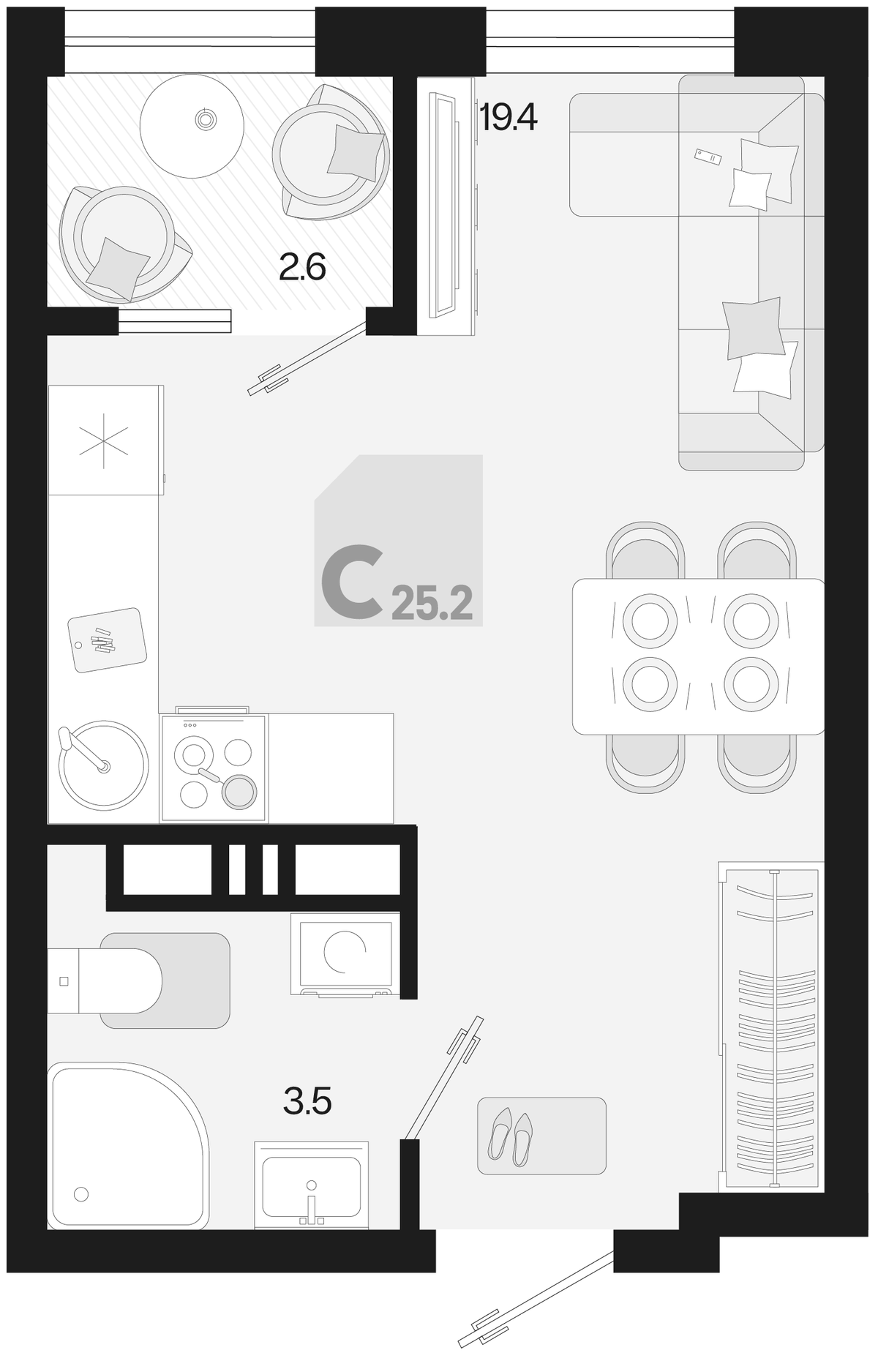 Планировка Студии 25.5 м² в ЖК «Первое место», корпус 1.3. Л2