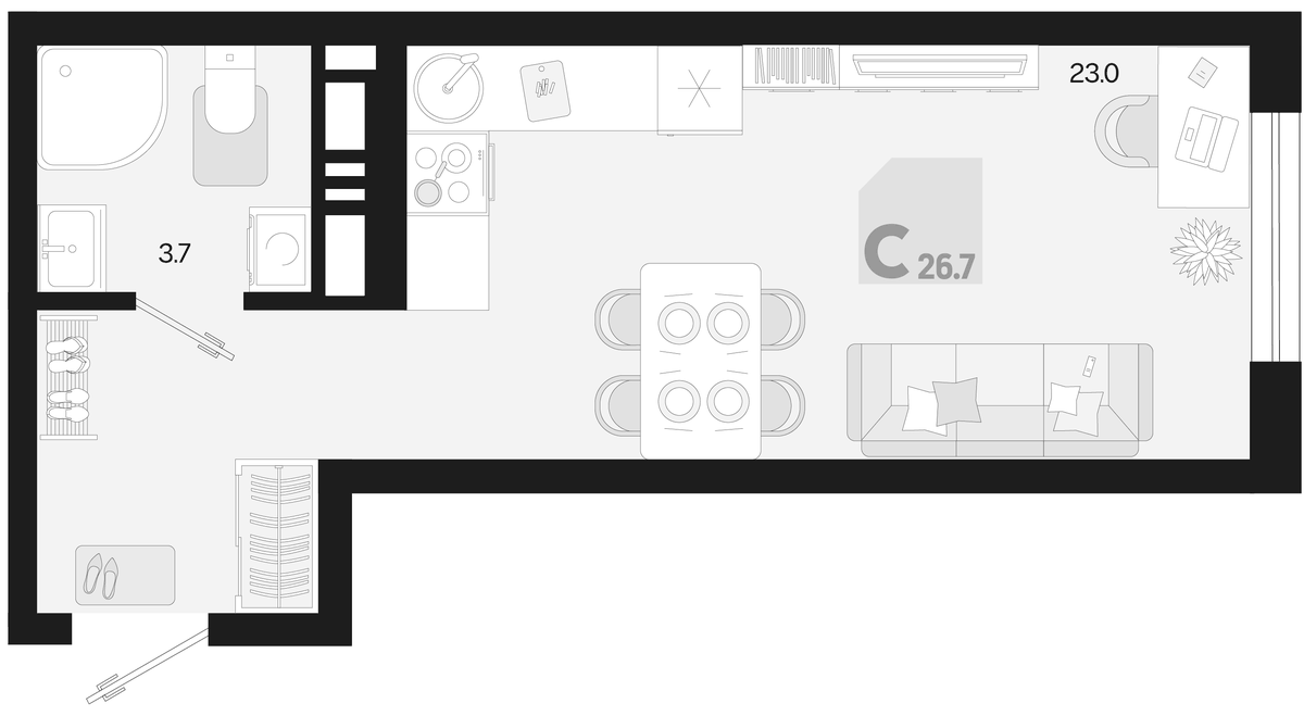 Планировка Студии 26.7 м² в ЖК «Первое место», корпус 1.2 Л1