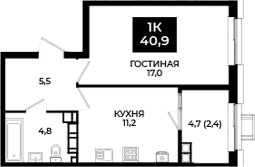 Планировка однокомнатная 40.9 м² в ЖК «Первый. ГК ЮгСтройИнвест», корпус 101.2