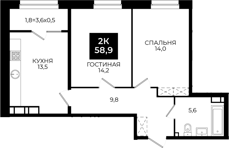 Планировка евротрёшка (3Е) 58.9 м² в ЖК «Первый. ГК ЮгСтройИнвест», корпус 101.1