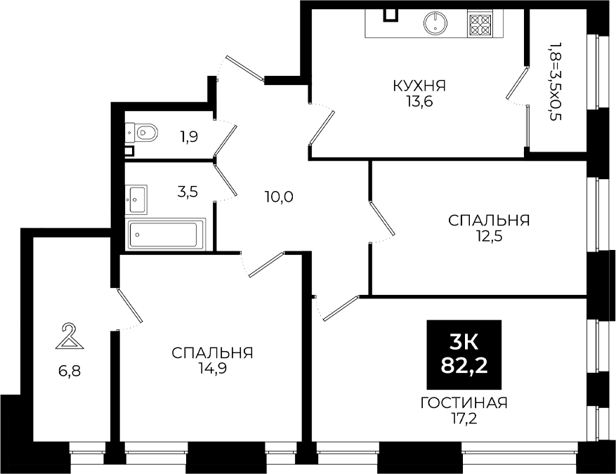 Планировка евро-4 (4Е) 82.2 м² в ЖК «Первый. ГК ЮгСтройИнвест», корпус 101.1