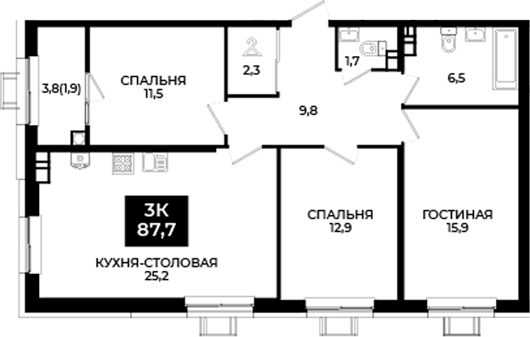 Планировка евро-4 (4Е) 87.7 м² в ЖК «Первый. ГК ЮгСтройИнвест», корпус 101.2