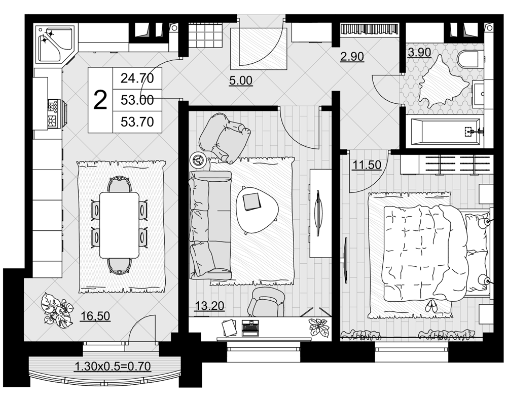 Планировка двухкомнатная 53.7 м² в ЖК «Песчаный», корпус 4
