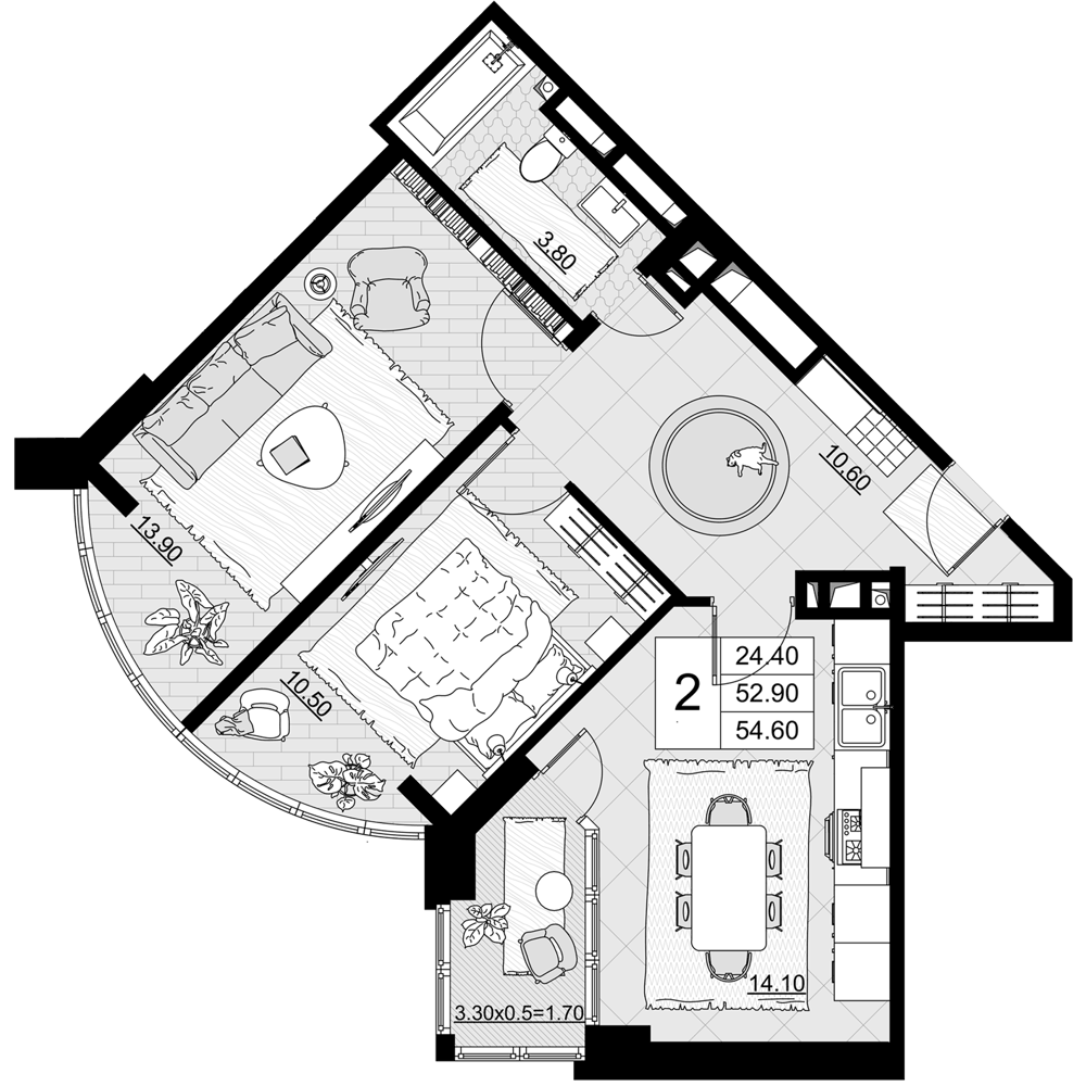 Планировка двухкомнатная 54.6 м² в ЖК «Песчаный», корпус 6