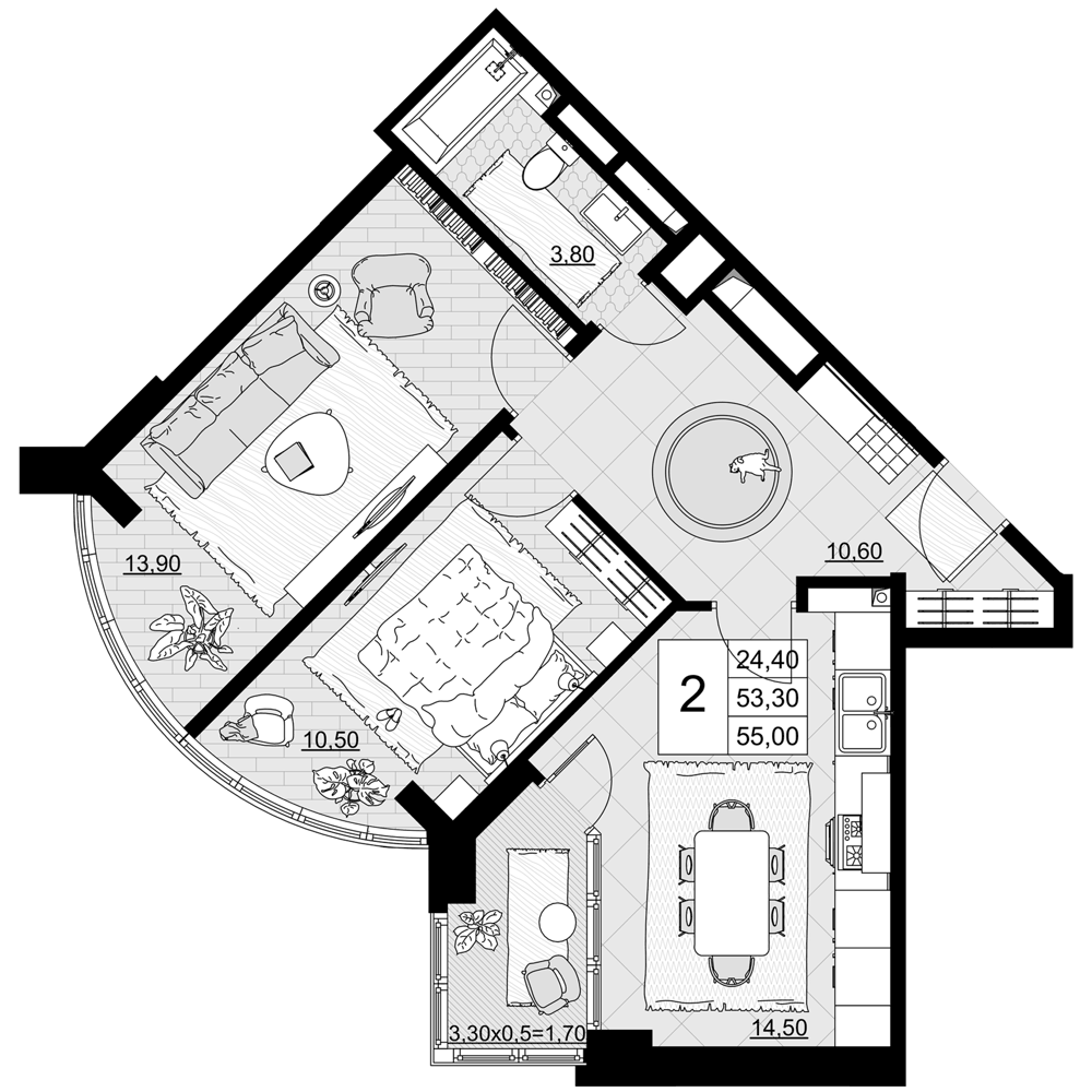 Планировка двухкомнатная 55 м² в ЖК «Песчаный», корпус 1