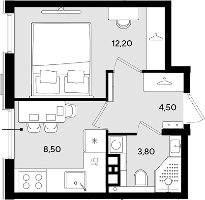 Планировка однокомнатная 29 м² в ЖК «Порто-Ново», корпус 4