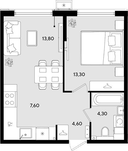 Планировка однокомнатная 43.6 м² в ЖК «Порто-Ново», корпус 7