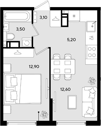 Планировка евродвушка (2Е) 37.3 м² в ЖК «Порто-Ново», корпус 5