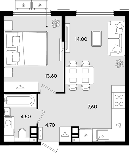 Планировка евродвушка (2Е) 44.4 м² в ЖК «Порто-Ново», корпус 1