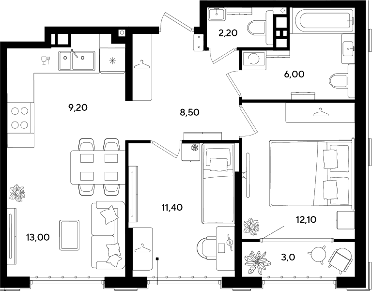 Планировка двухкомнатная 65.4 м² в ЖК «Порто-Ново», корпус 3