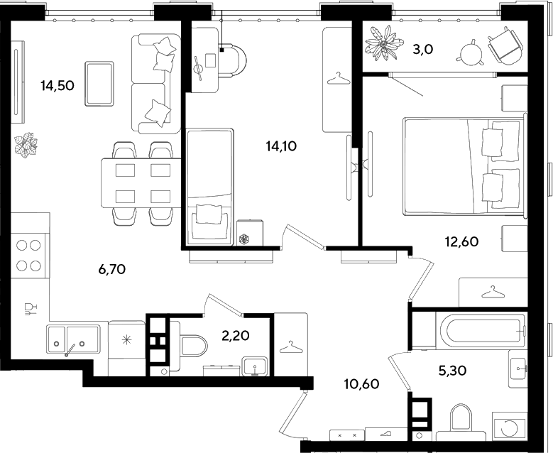 Планировка двухкомнатная 69 м² в ЖК «Порто-Ново», корпус 3