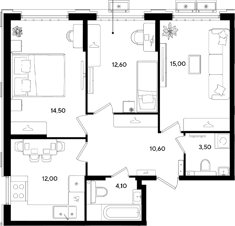 Планировка трёхкомнатная 72.3 м² в ЖК «Порто-Ново», корпус 3