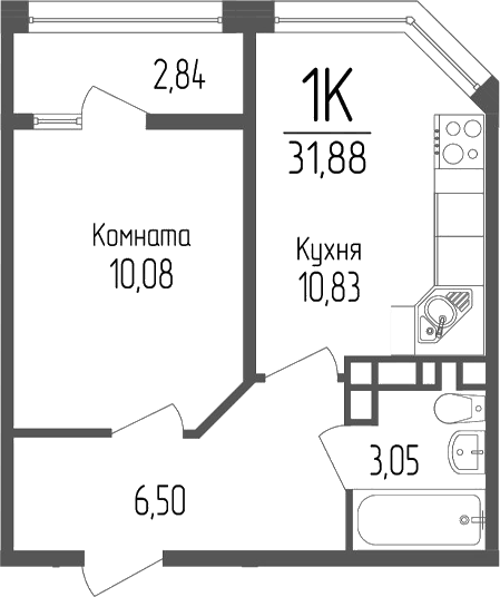 Планировка однокомнатная 31.88 м² в ЖК «Портрет 2», корпус 1