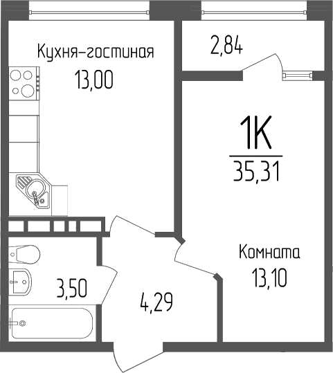 Планировка однокомнатная 35.31 м² в ЖК «Портрет 2», корпус 1