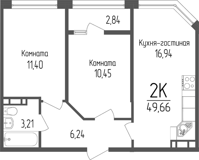 Планировка двухкомнатная 49.66 м² в ЖК «Портрет 2», корпус 1