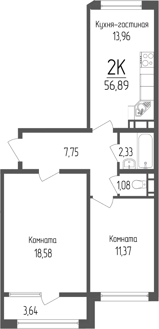 Планировка двухкомнатная 56.89 м² в ЖК «Портрет 2», корпус 1