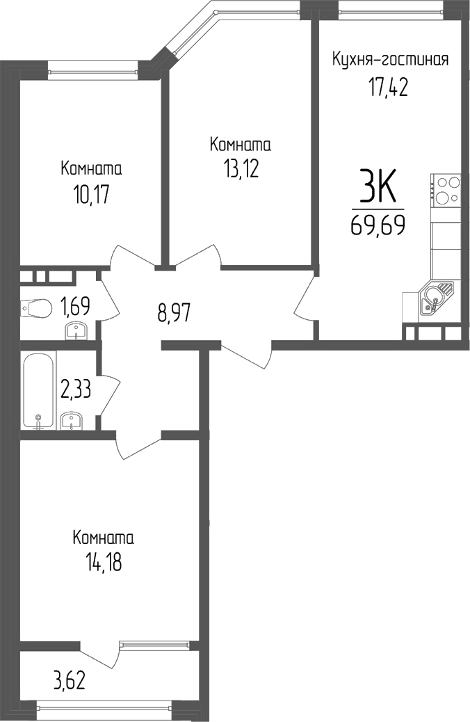 Планировка трёхкомнатная 69.69 м² в ЖК «Портрет 2», корпус 1