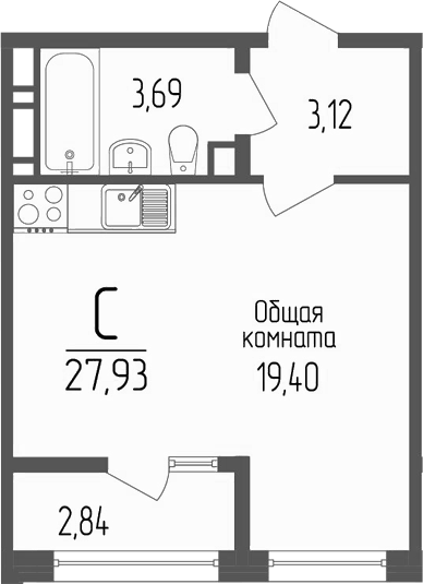 Планировка Студии 27.63 м² в ЖК «Портрет 2», корпус 1