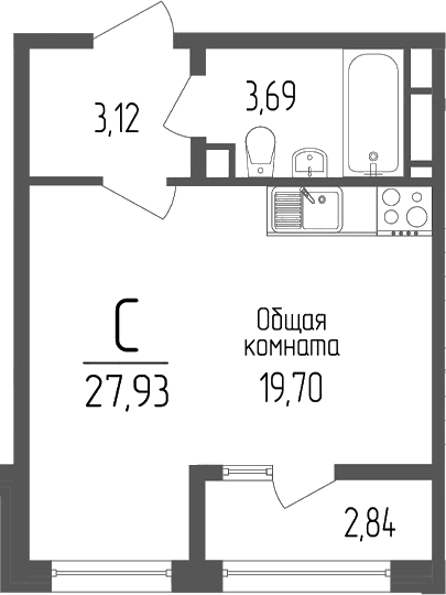 Планировка Студии 27.93 м² в ЖК «Портрет 2», корпус 1