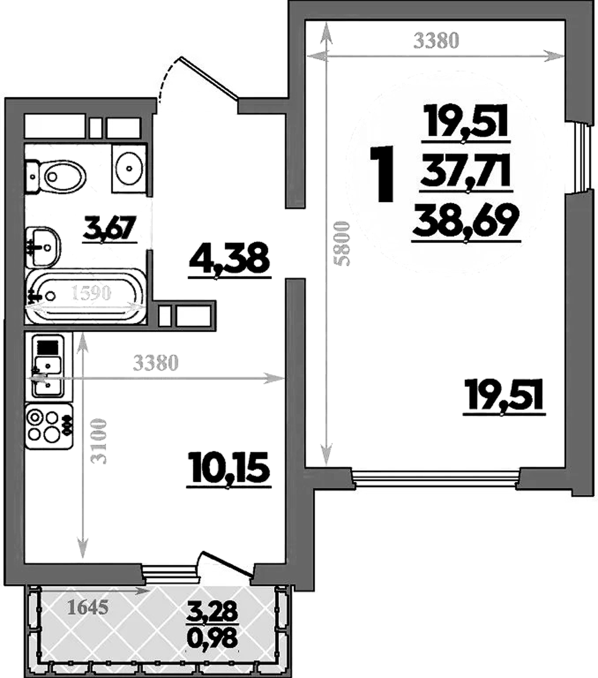 Планировка однокомнатная 38.69 м² в ЖК «Предгорье Лаго-Наки», корпус 8