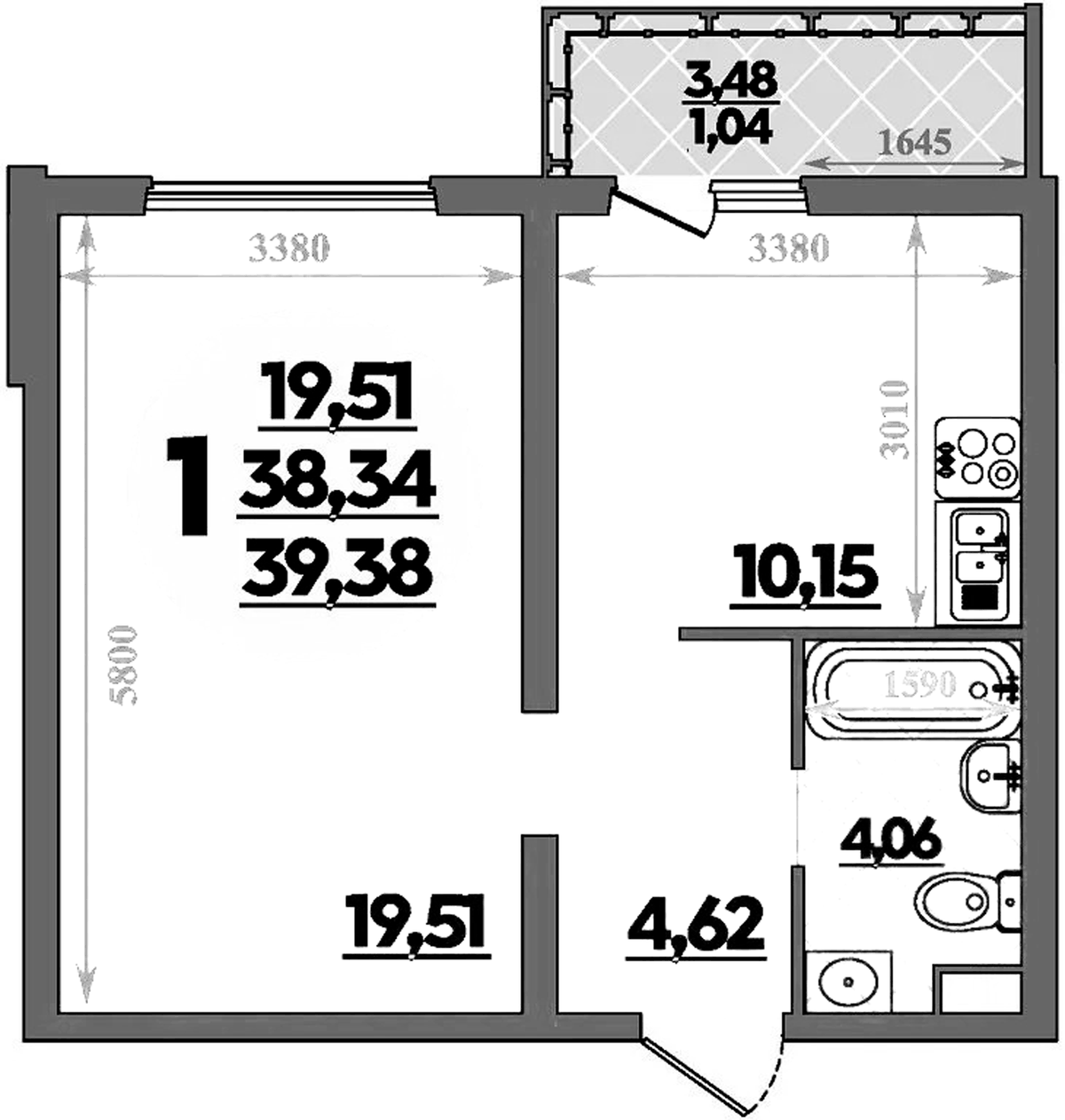 Планировка однокомнатная 39.38 м² в ЖК «Предгорье Лаго-Наки», корпус 8