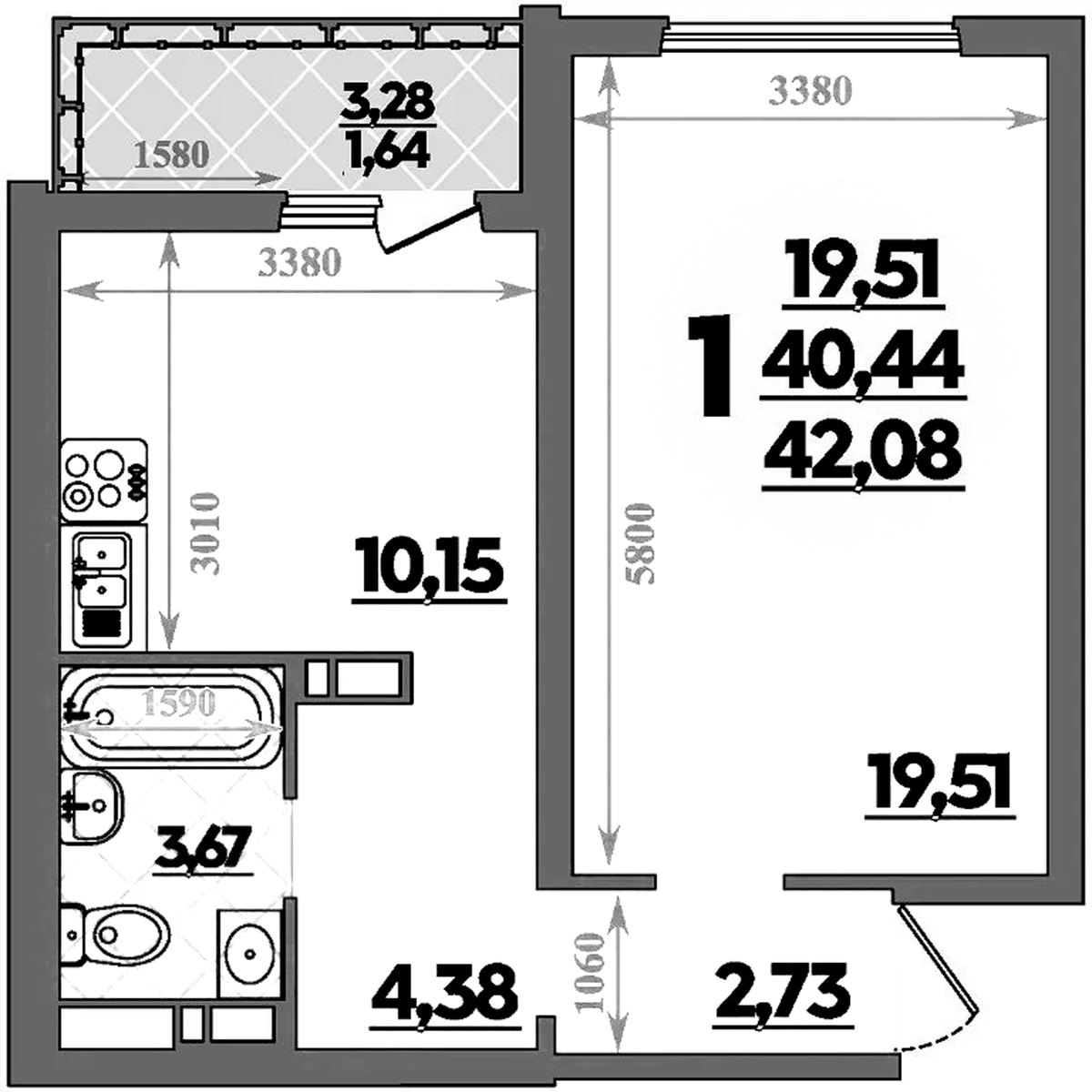 Планировка однокомнатная 42.08 м² в ЖК «Предгорье Лаго-Наки», корпус 8