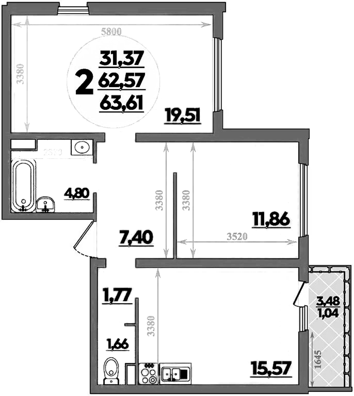Планировка двухкомнатная 63.61 м² в ЖК «Предгорье Лаго-Наки», корпус 8