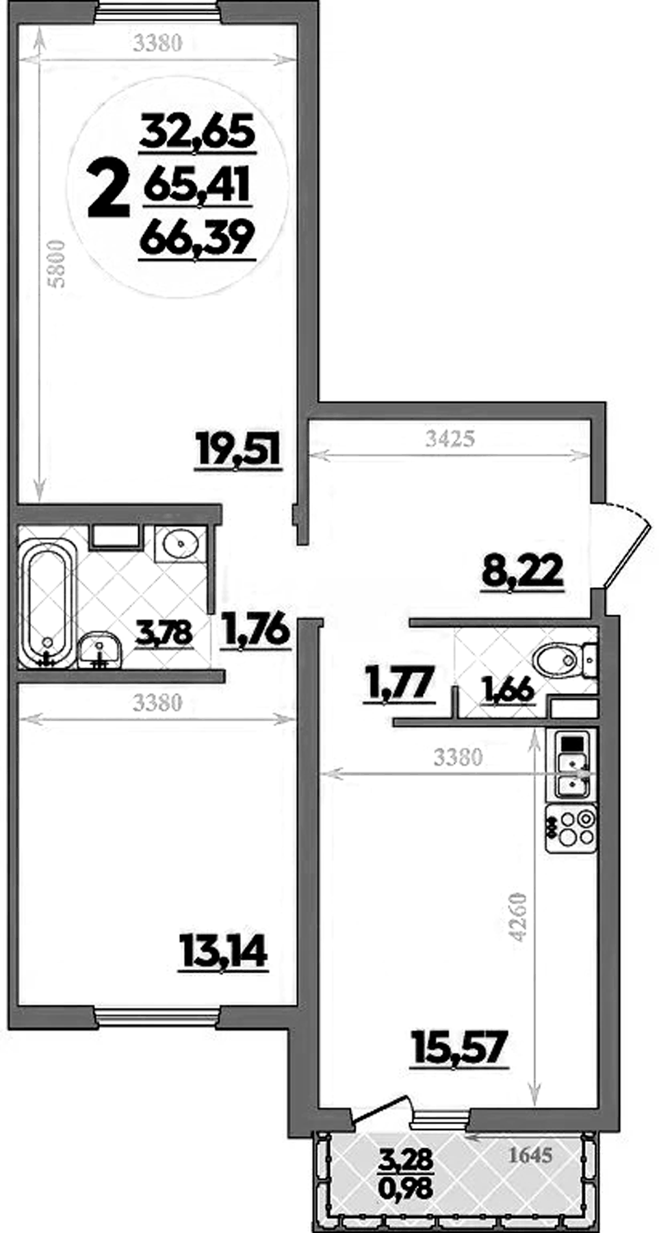 Планировка двухкомнатная 66.39 м² в ЖК «Предгорье Лаго-Наки», корпус 8