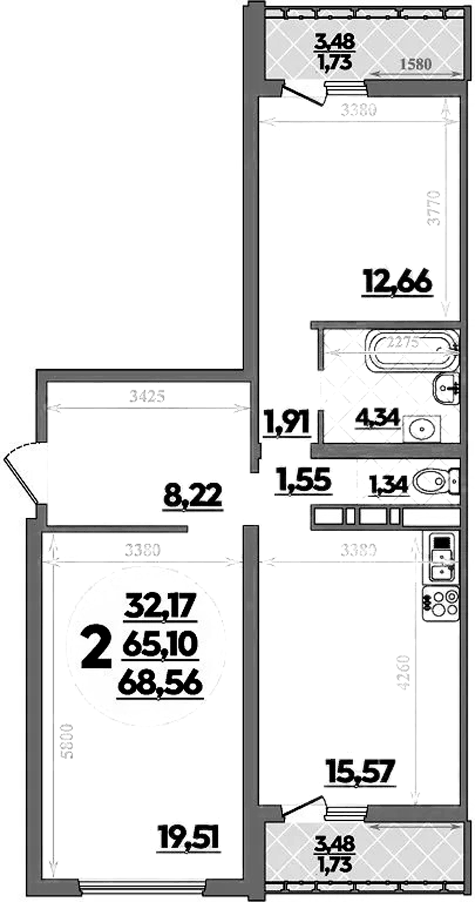 Планировка двухкомнатная 68.56 м² в ЖК «Предгорье Лаго-Наки», корпус 8