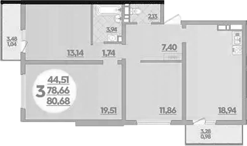 Планировка трёхкомнатная 80.68 м² в ЖК «Предгорье Лаго-Наки», корпус 4