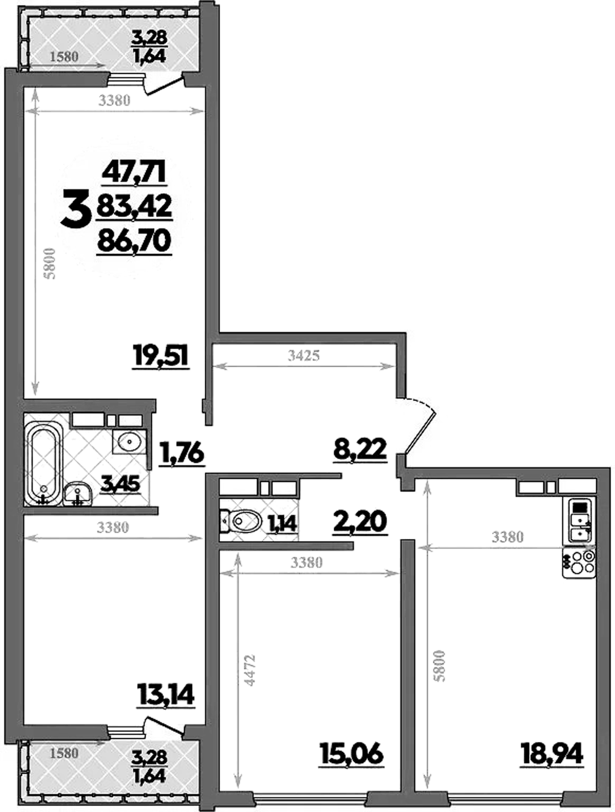 Планировка трёхкомнатная 86.7 м² в ЖК «Предгорье Лаго-Наки», корпус 8