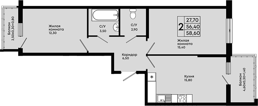 Планировка двухкомнатная 58.6 м² в ЖК «Премьер», корпус 1