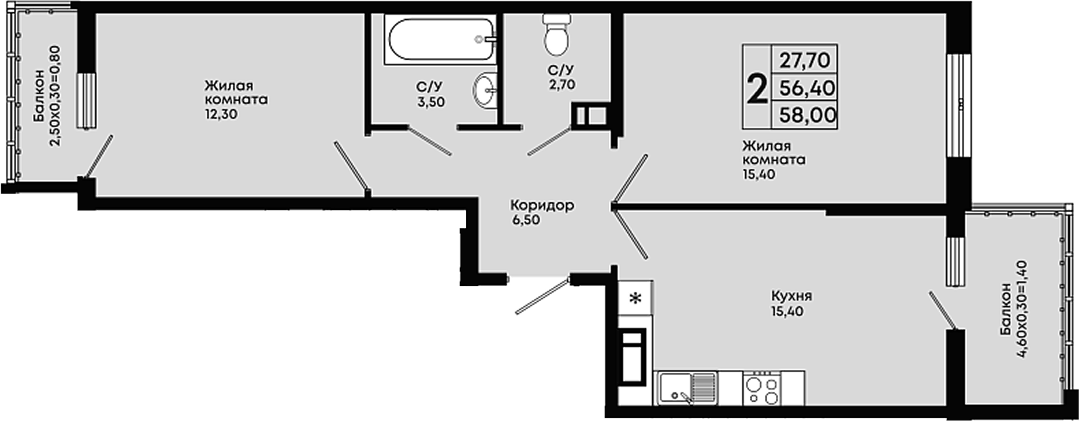 Планировка двухкомнатная 58 м² в ЖК «Премьер», корпус 1