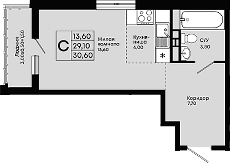 Планировка Студии 30.6 м² в ЖК «Премьер», корпус 1