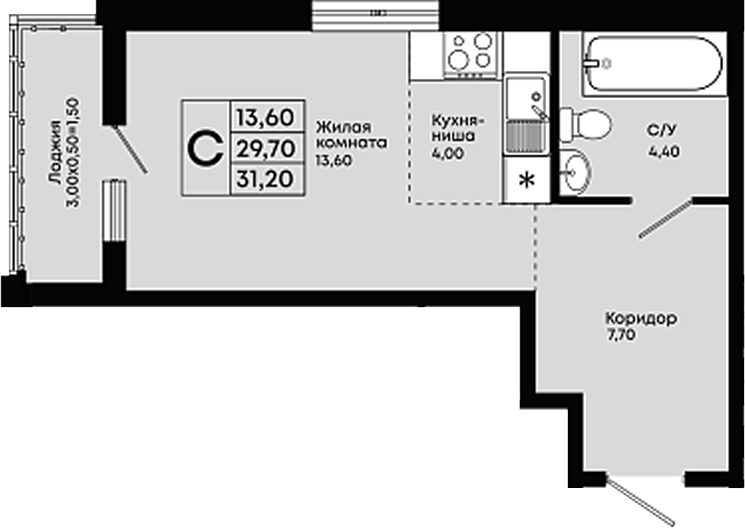 Планировка Студии 31.2 м² в ЖК «Премьер», корпус 1