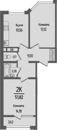 Планировка двухкомнатная 51.82 м² в ЖК «Прима», корпус 1
