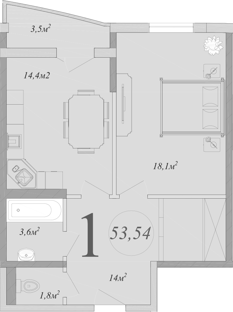 Планировка однокомнатная 53.65 м² в ЖК «Радонеж», корпус 1