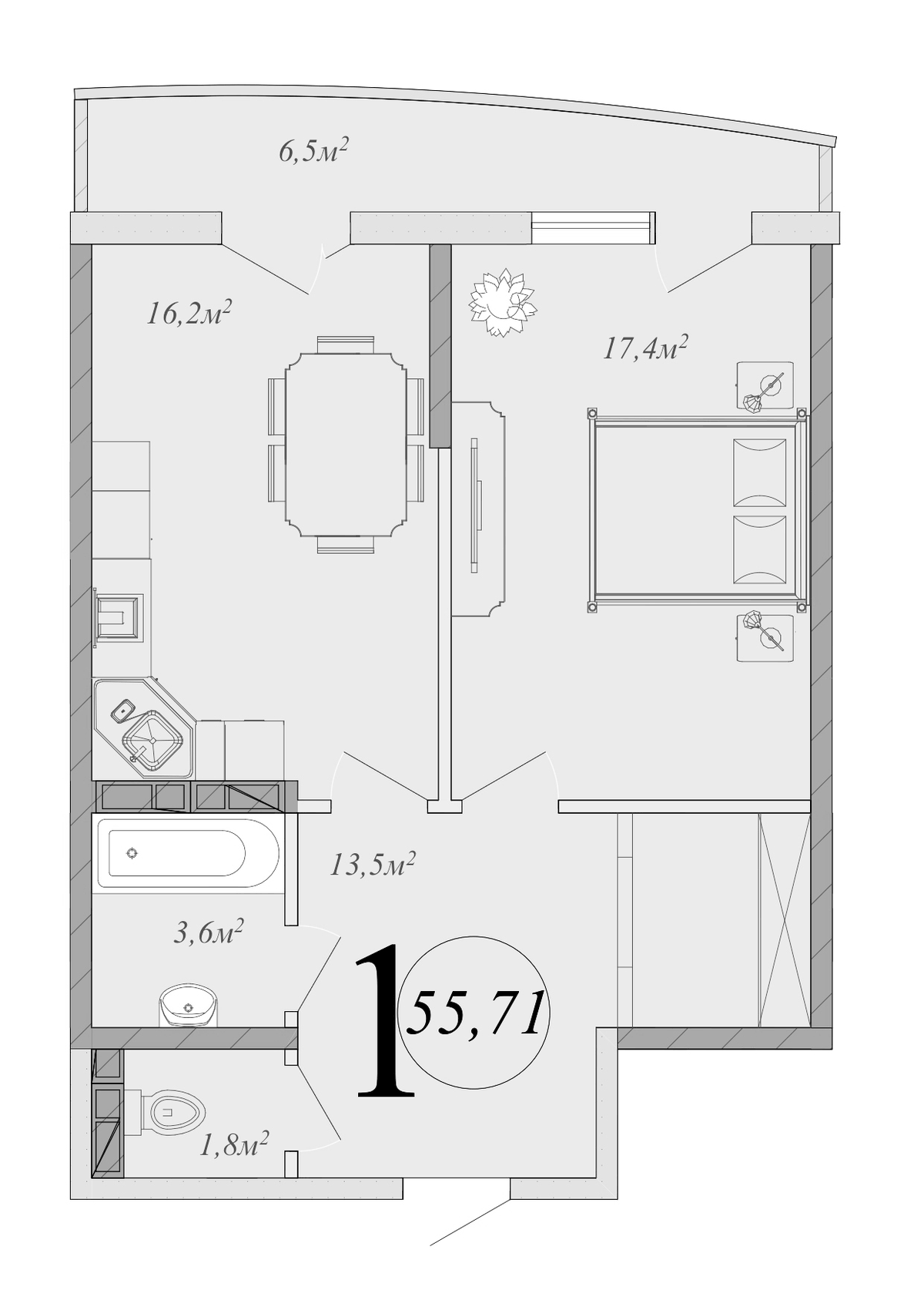 Планировка евродвушка (2Е) 55.71 м² в ЖК «Радонеж», корпус 1