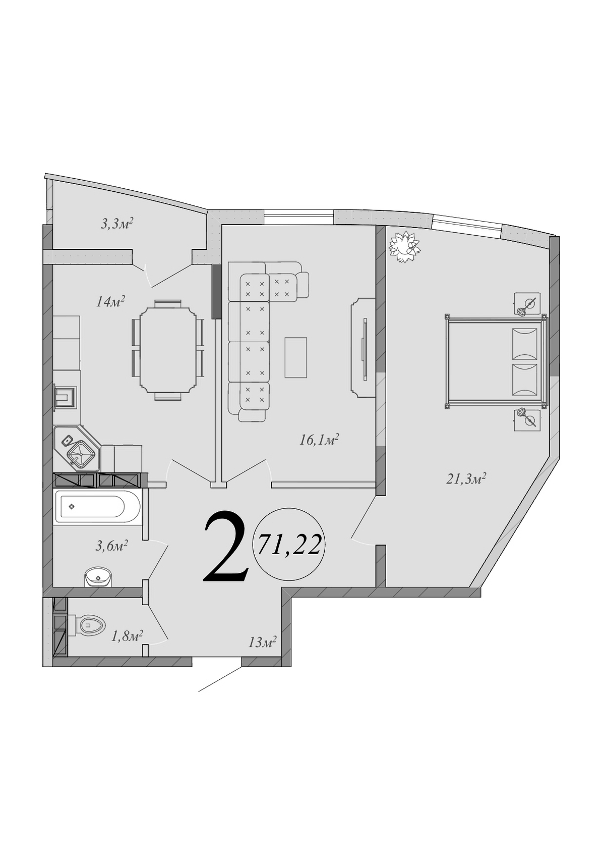 Планировка двухкомнатная 71.22 м² в ЖК «Радонеж», корпус 2