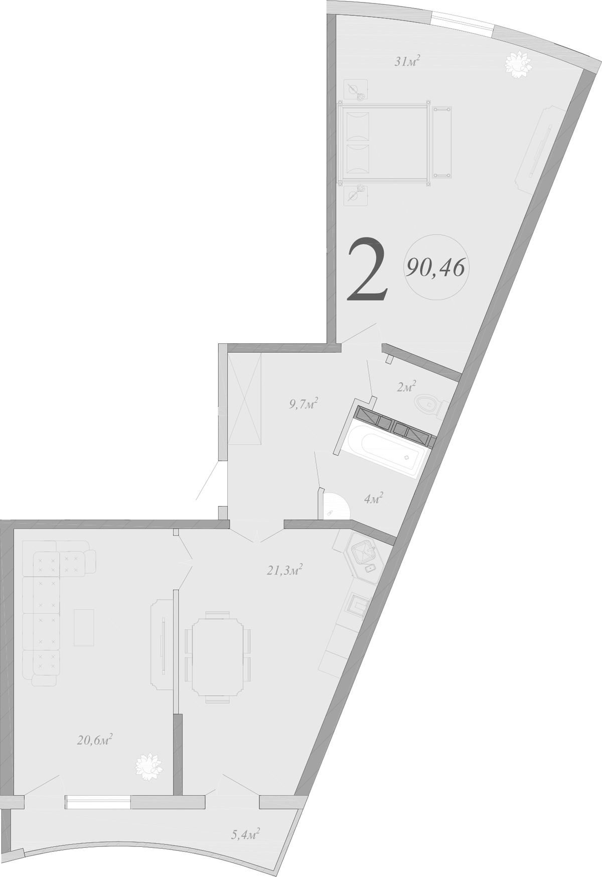 Планировка евротрёшка (3Е) 90.46 м² в ЖК «Радонеж», корпус 1
